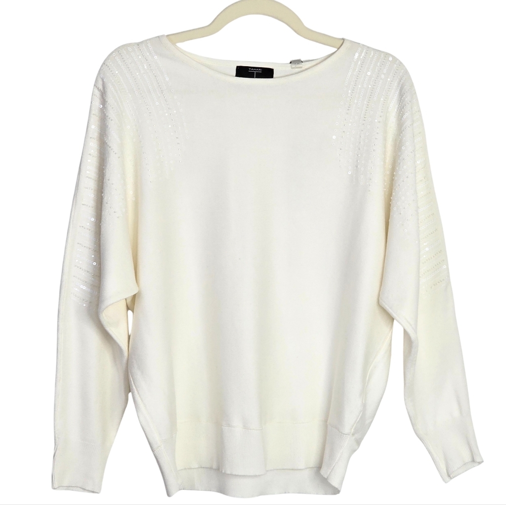Tahari Fine Knit Beaded & Sequined Ivory Sweater | Size Medium | Batwing, NWT